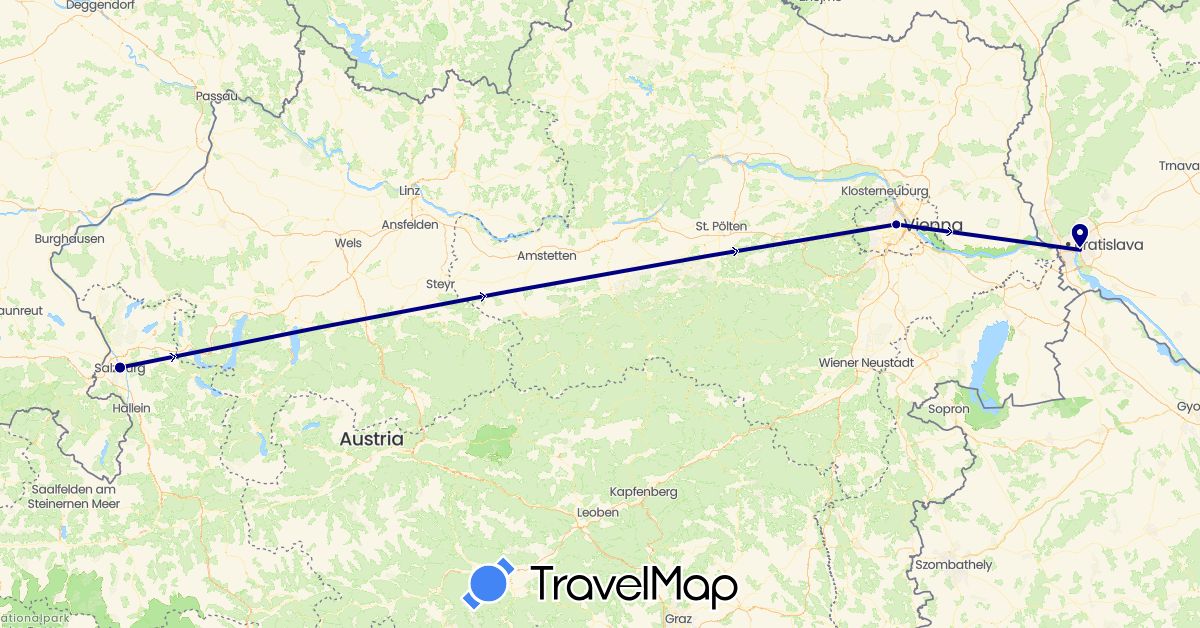TravelMap itinerary: driving in Austria, Slovakia (Europe)